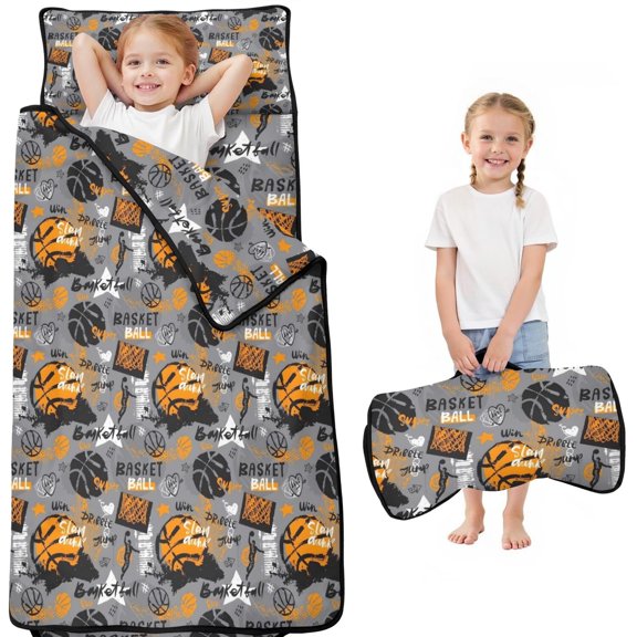 Gray Background Basketball Elements Pattern Toddler Nap Mats for Kids Preschool,Sleeping Mat Bag or Kids,Toddler Sleeping Bag,Toddler Nap Mat or Daycare