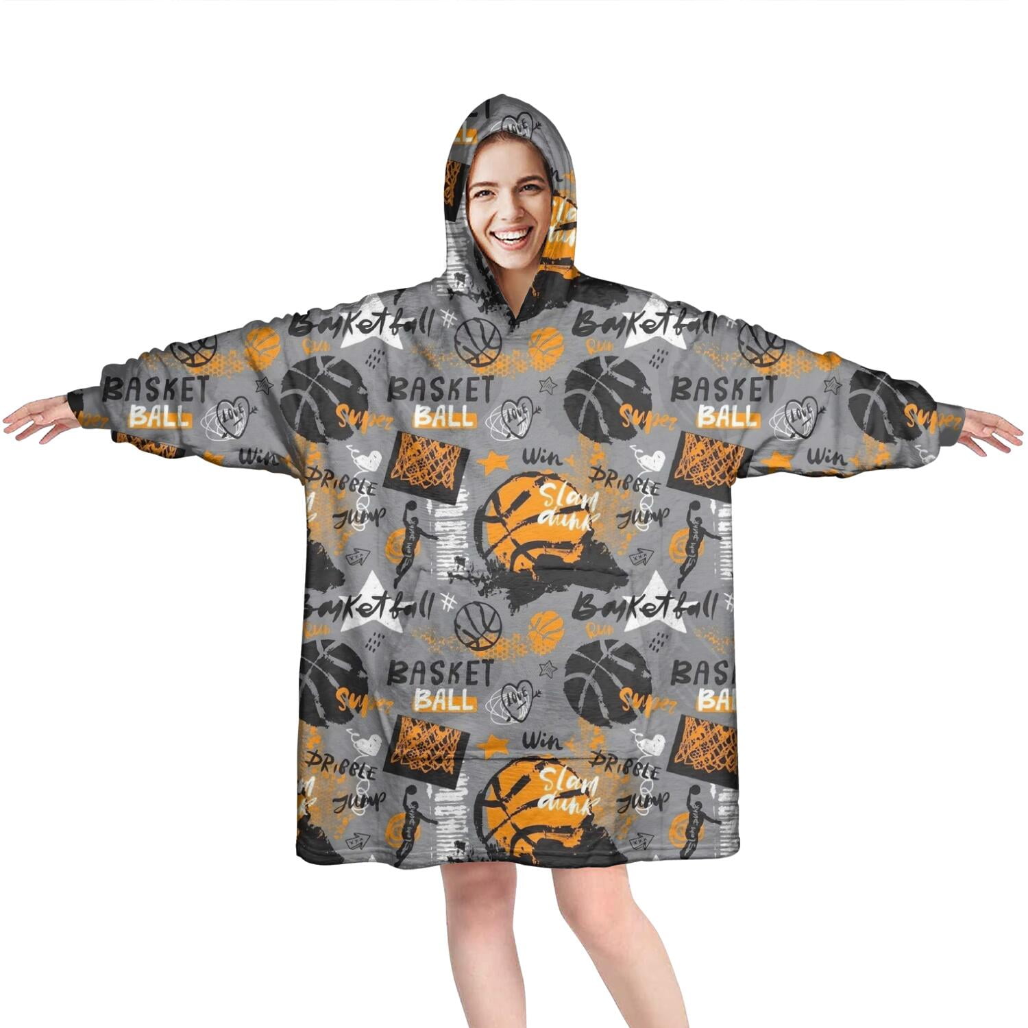 Gray Background Basketball Elements Pattern Wearable Oversized Blanket,Wearable Blanket Hoodie for Adults,Cozy Hooded Blankets with Super Pockets,Super Warm Fuzzy Pullover for Women & Men