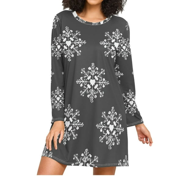 Gray Background Christmas Snowflakes Women's Long Sleeves Nightgowns Sleepwear Soft Pajama A-line Sleep Dress S