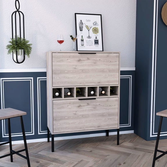 Gray Bar Cabinet With Six Built-in Wine Rack Areas And Double Door Storage Extra Space Slots