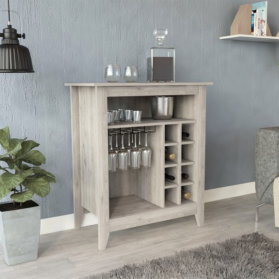 Gray Bar Cabinet With Six Wine Rack And Spacious Open Shelf Area Built-in Organized Storage