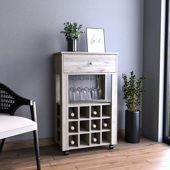 Gray Bar Cart Featuring Twelve Wine Rack Slots And Mobility Built-in Open Shelf
