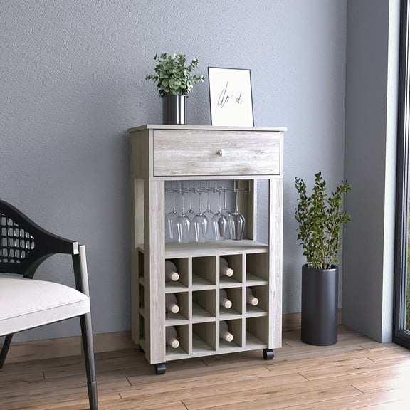 Gray Bar Cart Featuring Twelve Wine Rack Spaces And Caster Built-in With Open Shelf -