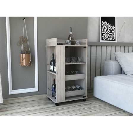 Gray Bar Cart With Faux Leather Shelves - Add A Chic Look Wine Bottle Slots Organize Your Collection