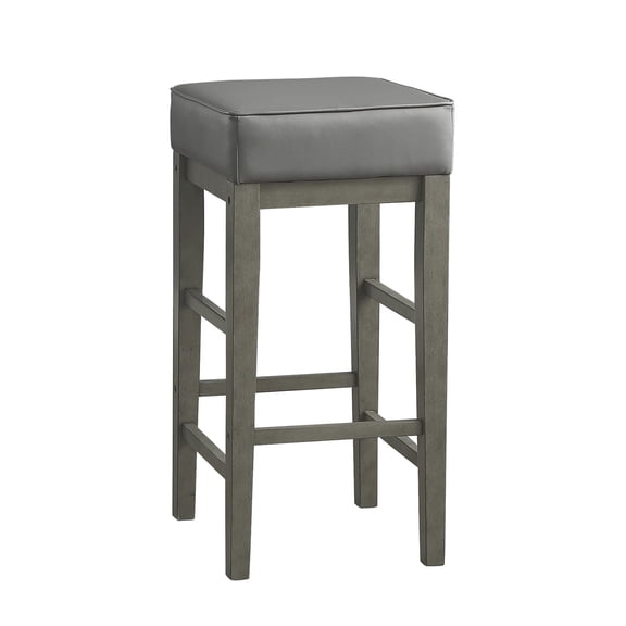 Gray Bar Stools Set of 2, 29-inch Pub Height Transitional Faux Leather Stools with Solid Wood Frame, Antique Gray Finish, Kitchen Counter & Island Seating