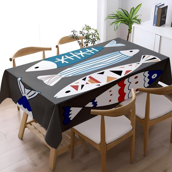 Gray Base Abstract Fish Graphic Print Tablecloth, Dining Kitchen Living Room Holiday Gathering Decor, Versatile Nautical Table Cover, Thanksgiving Christmas Gift