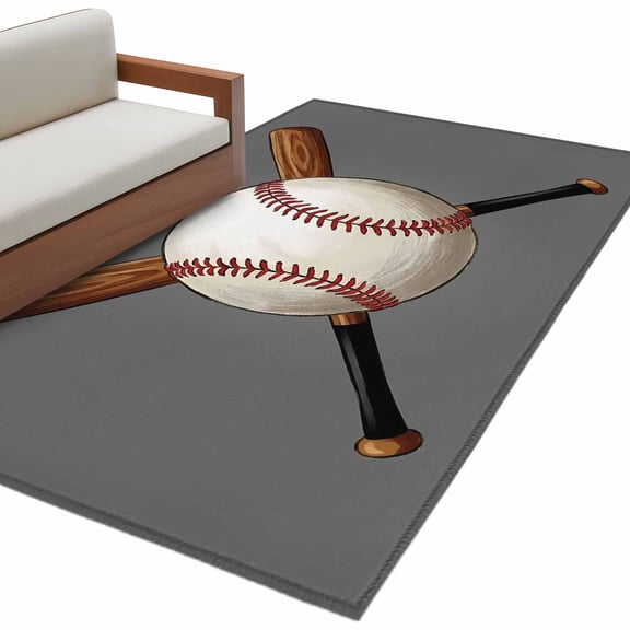 Gray Baseball Area Rug 3x5 Washable Rug Non Slip Modern Sport Games Watercolor Large Area Rug Indoor Floor Carpet for Entryway Bedroom Kitchen Living Room Home Office Dining Room Nursery