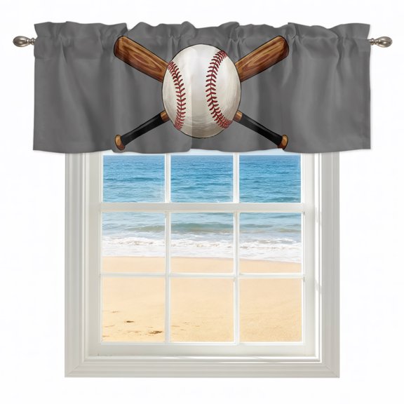 Gray Baseball Kitchen Valances for Windows 42x12 Inch Kitchen Curtains Valances Rod Pocket Modern Sport Games Watercolor Bathroom Window Valances for Window Treatment Decor