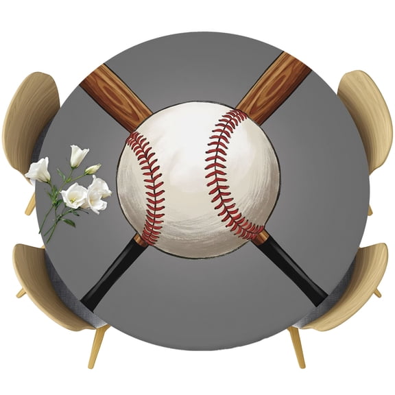 Gray Baseball Round Tablecloth 45-54 Inch Round Fitted Table Cloth with Elastic Edge, Modern Sport Games Watercolor Waterproof Table Cover Protector for Outdoor Picnic Party Dining