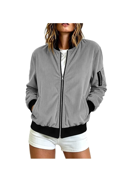 Gray Baseball for Women Winter Fall Long Sleeve Corduroy Workout Brunch Running Plain Jackets Coats Women Zip Up 2026 XL
