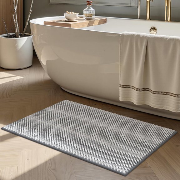 Gray Bath Mats Plush Pom-Pom Super Absorbent Bathroom Rug Non Slip Machine Washable Bath Mat for Bathroom Floor Quick Dry 20" x32"