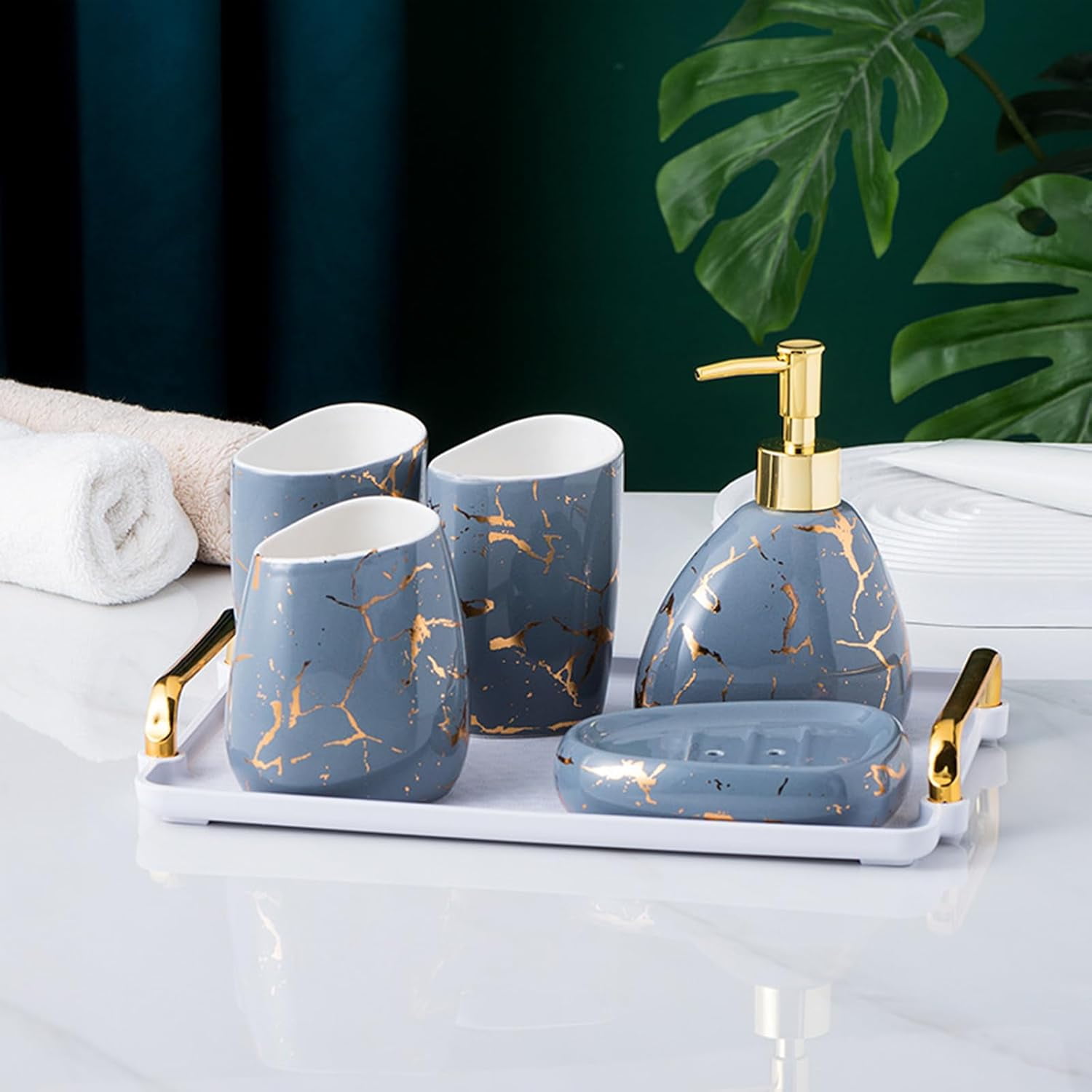 Gray Bathroom Accessories Set,Gold Marble Look Bathroom Decor,Modern 6 ...