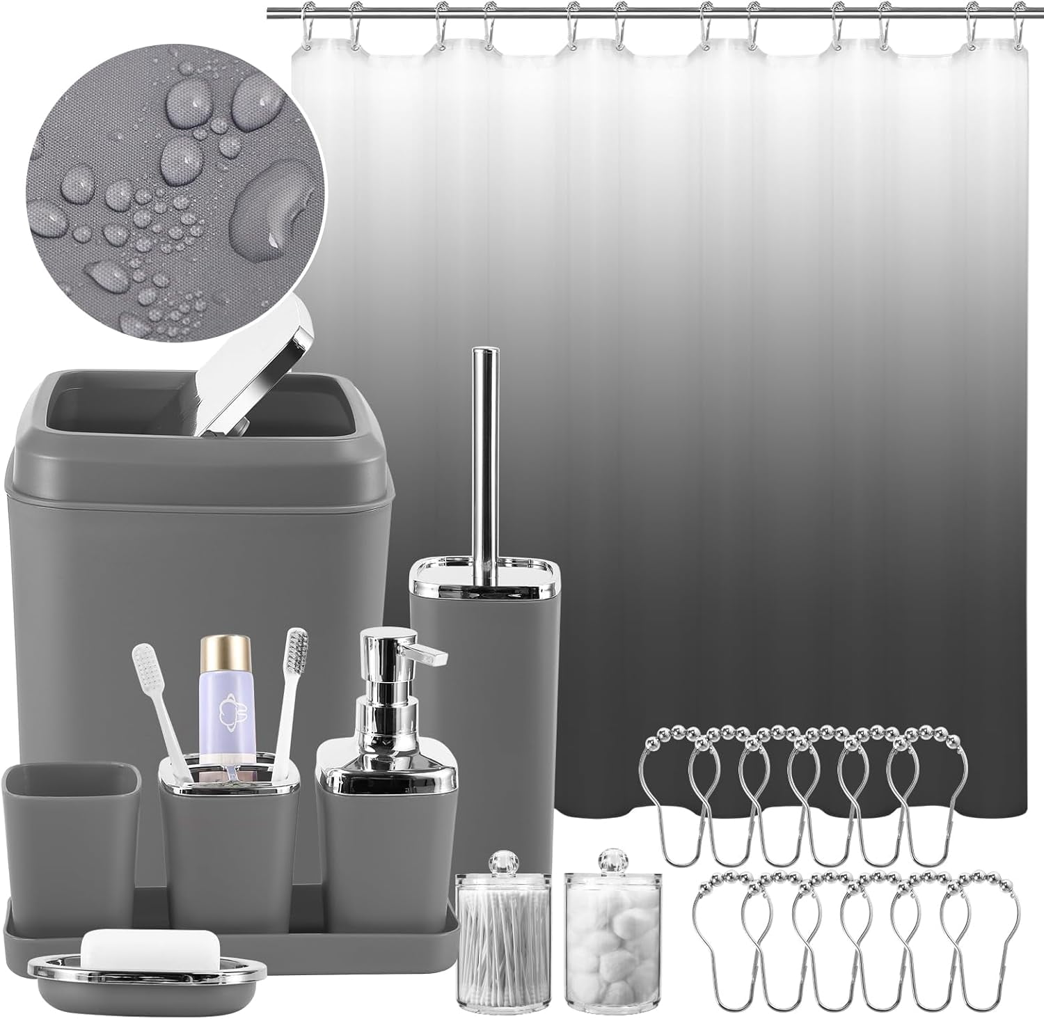 Gray Bathroom Accessories Set with Shower Curtain, Trash Can ...