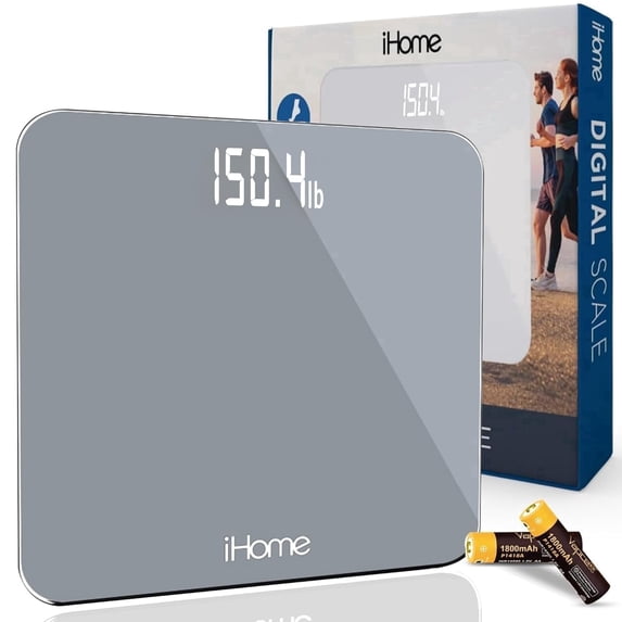 iHome Digital Battery Powered Bathroom Scale with Backlit LCD 400 lbs Capacity, Gray