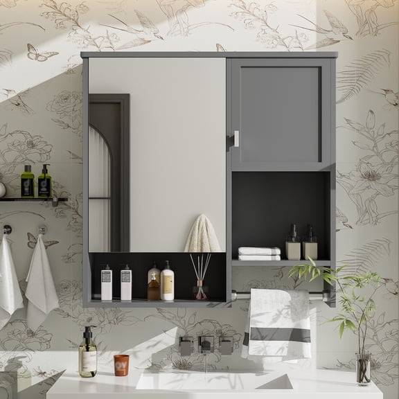 Gray Bathroom Wall Storage Cabinet – Bathroom Cabinet with Mirror with Towel Bar, Adjustable Shelves, Over the Toilet Space Saver, 29" x 28"