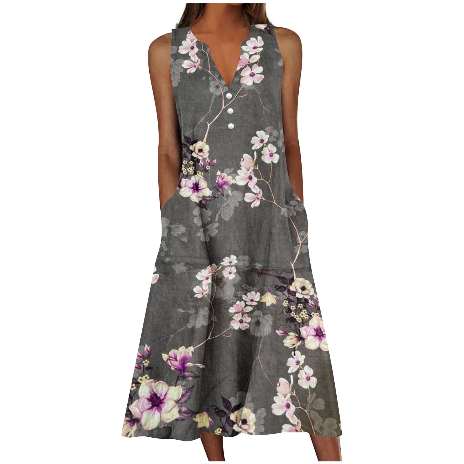 Women's Ruched Sleeveless Tunic Top - V-Neck Floral Print Slim Fit Long Shirt For Summer & Fall (Black, Large)