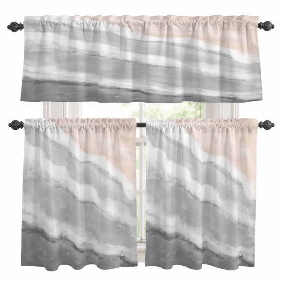 Gray Beach Waves Kitchen Curtains Valances and Tiers Set of 3 Nautical Coastal Abstract Gradient Ocean Wave Tier Curtains and Valance with Rod Pocket for Small Windows, 27.5"x24"