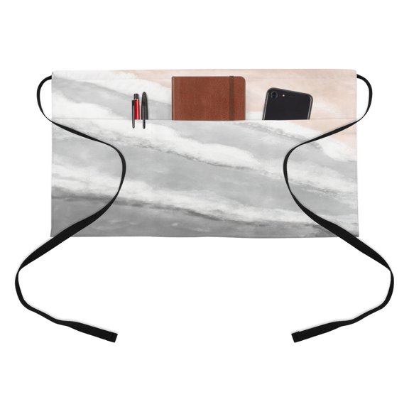Gray Beach Waves Kitchen Restaurant Half Waist Apron, Nautical Coastal Abstract Gradient Ocean Wave Server Short Apron with 3 Pockets Waterproof Oil Waist Aprons for Women Waitress Waiter