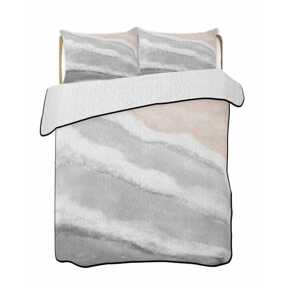 Gray Beach Waves Quilts Bedding Set Queen Size Nautical Coastal Abstract Gradient Ocean Wave Lightweight Quilted Bedspread 3 Piece Bed Quilt with 2 Pillow Shams All Season for Bedroom 78" x 90"