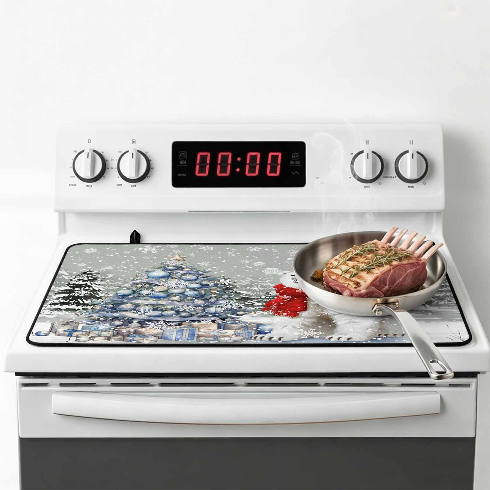 Gray Bear Christmas Stove Top Cover for Electric Stove, Heat-proof & Non Slip Glass Top Stove Cover Protector, Xmas Tree Snowflake Kitchen Flat Cooktop Rubber Mat 24x21 Inches