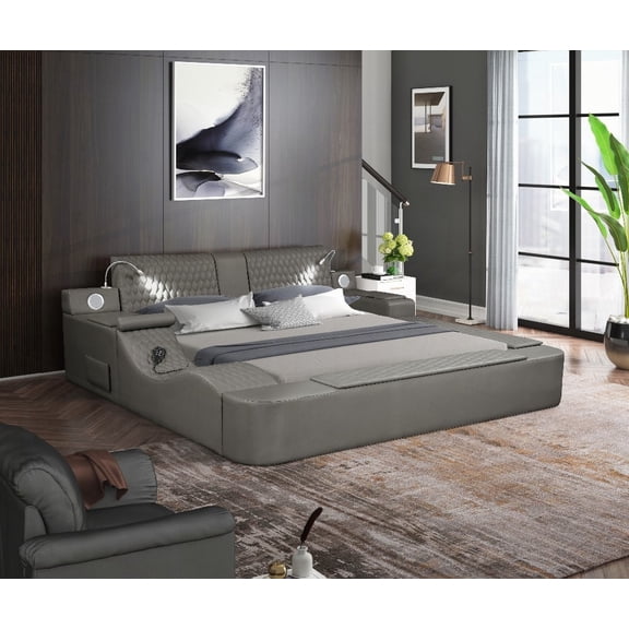 Gray Bed Made of Wood and Faux Leather, Equipped with Reading Light and In-bed Massager