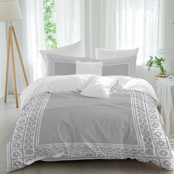 Gray Bedding Duvet Cover Set Queen Size 4 Pieces, Boho Diamond Pattern Border Rustic Southwestern Bedding Set with Zipper Closure, 1 Comforter Cover 90x116 Inches 1 Flat Sheet & 2 Pillow Cases
