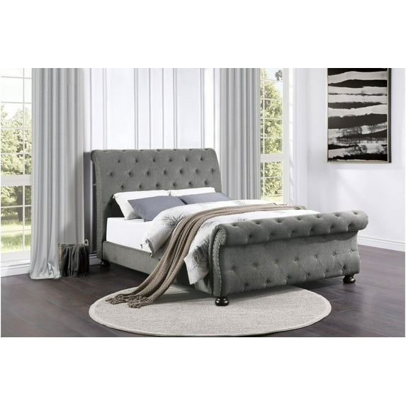 Gray Bedroom Furniture Queen Size Sleigh Bed Accent W/Button Tufting