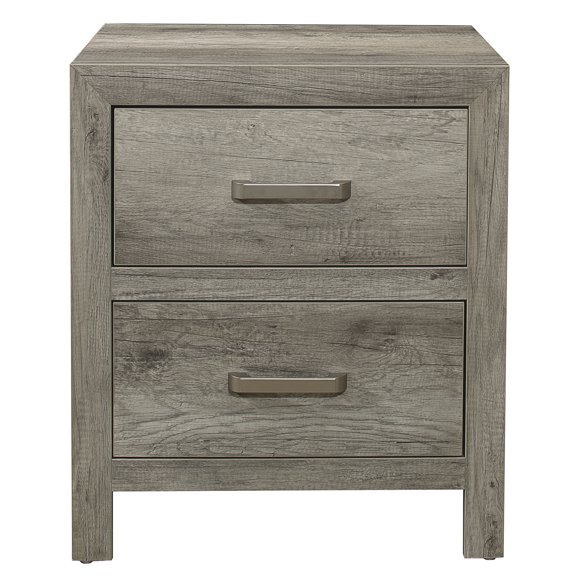 Gray Bedroom Nightstand With Faux Wood Veneer, 2 Drawers, Satin Nickel Accents Transitional Weathered Look