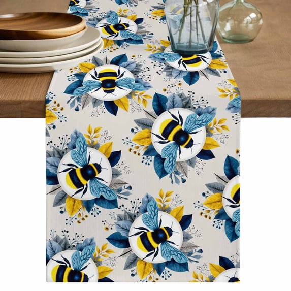Gray Bees Farmhouse Table Runner 72 Inches, Spring Summer Botanical Flowers Bed Runner Dresser Scarves Tabletop for Indoor Outdoor Parties/Ceremony/Banquet, 16" x 72"