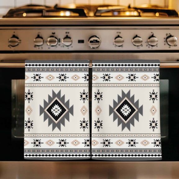 Gray Beige Boho Kitchen Towels Set of 2, Ethnic Tribe Southwestern Vintage Absorbent Dish Towels for Kitchen, Microfiber Hand Towel, Quick Drying Tea Towel for Cleaning Decorative Dishcloths