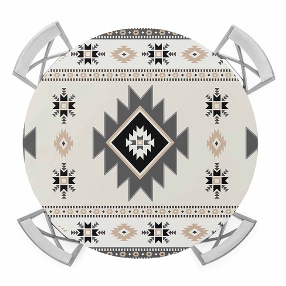 Gray Beige Boho Round Fitted Tablecloth with Elastic Edge, Waterproof Table Cloth Table Cover for 55"-60" Tables, Ethnic Tribe Southwestern Vintage Tablecloths for Dining Picnic Indoor Outdoor