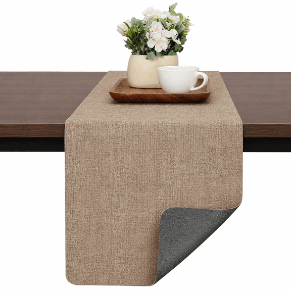 Gray Beige Dual-Sided Faux Leather Table Runner, 12 x 72 Inch, Waterproof Heatproof Decor