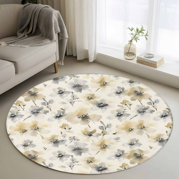 Gray Beige Floral 3.3ft Round Rug, Spring Modern Botanical Flowers Blossom Non-Skid Rubber Backing Large Area Rugs - Living Room Bedroom Home Office, Indoor Floor Mat Carpets Washable Rug