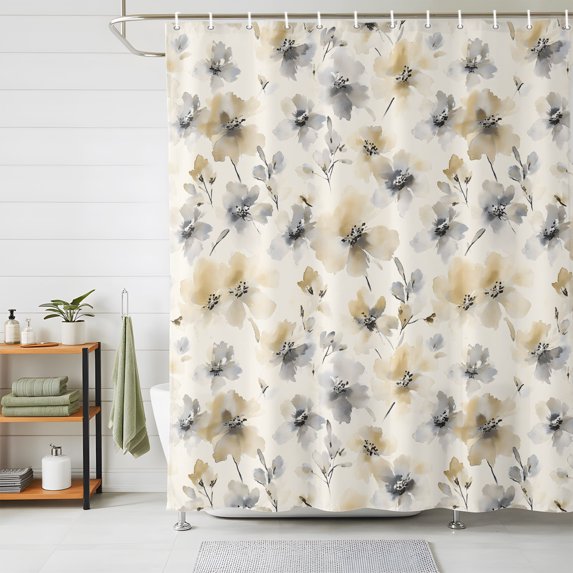 Gray Beige Floral Shower Curtains for Bathroom, Spring Modern Botanical Flowers Blossom Waterproof Fabric Shower Curtain, Decorative Bathroom Curtain for Bathtub, 72"x72" , No Hooks Included