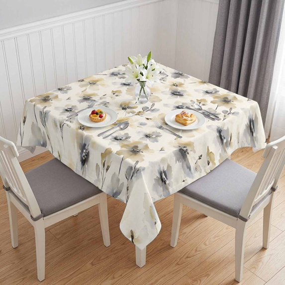 Gray Beige Floral Table Cloth Waterproof Tablecloths, Spring Modern Botanical Flowers Blossom Tablecloth Dining Table Cover for Kitchen Party Tabletop Outdoor, Square Tablecloth 60x60 Inch