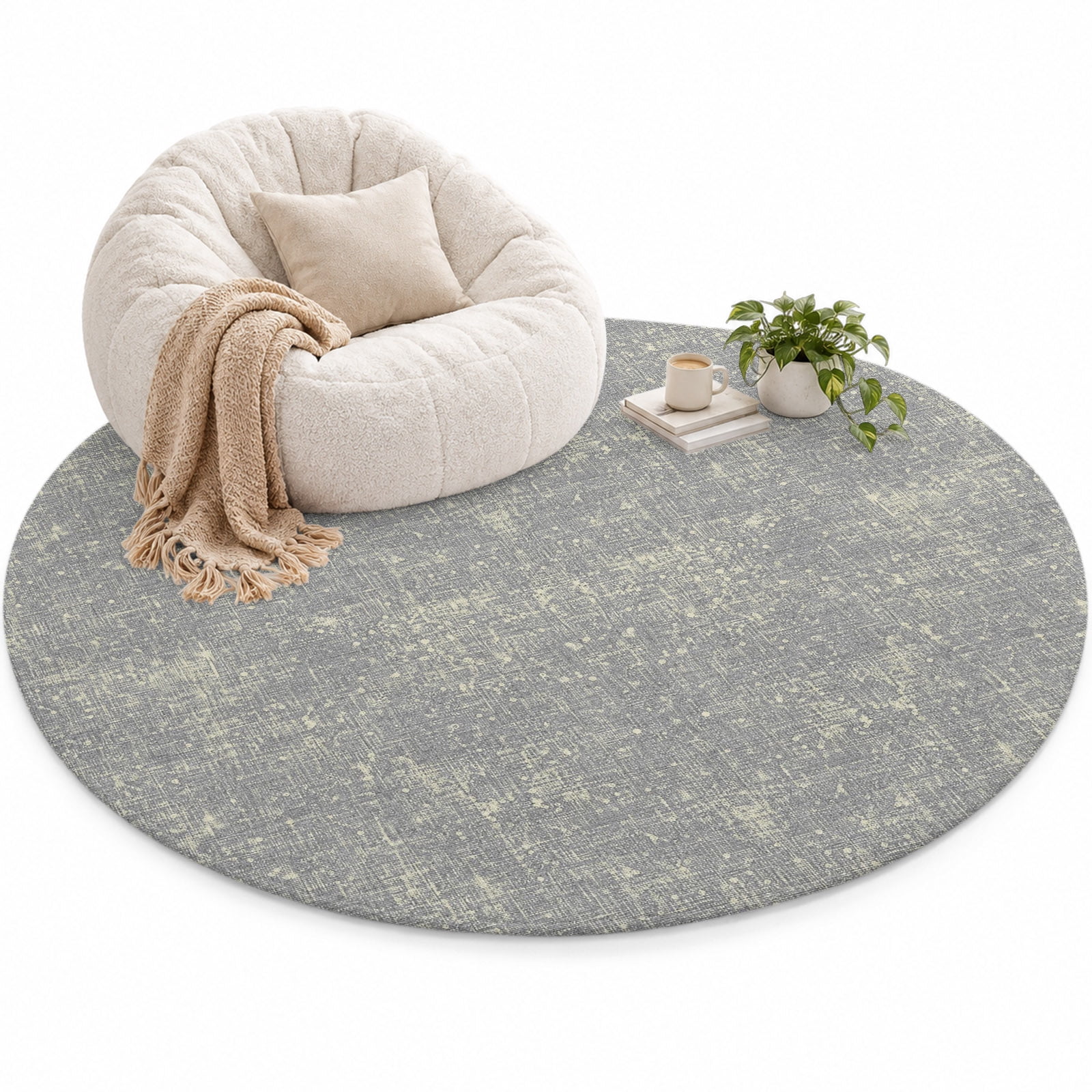 Gray Beige Linen Textured Area Rug 4', Vintage Rustic Abstract ...