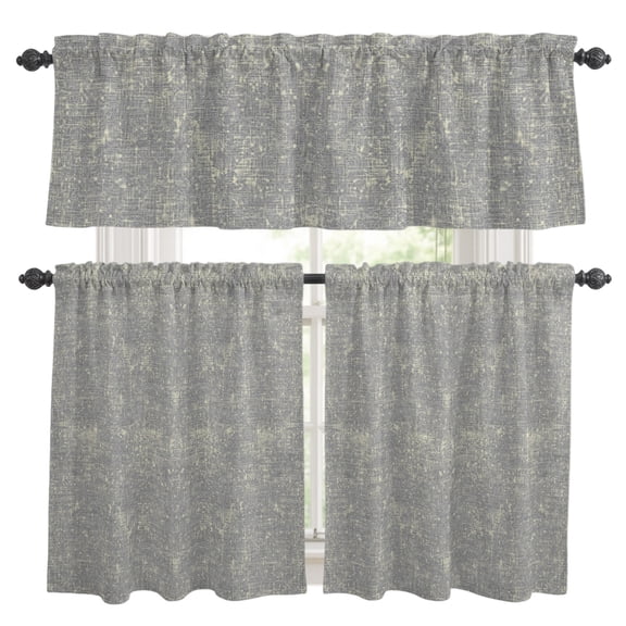 Gray Beige Linen Textured Kitchen Curtains Set for Windows, Vintage Rustic Abstract Minimalist Mottled Curtains Valance and Tier 3 Piece Set Small Drapes 24 Inch Length for Kitchen Bedroom Decor