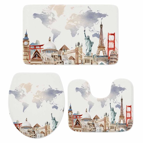 Gray Beige Map Bath Mat 3 Piece Bathroom Rug Set, Funny Abstract Cloud Illustration Art Non Slip Bath Rug Contour Mat and Toilet Lid Cover, Absorbent Shower Mats Soft Bath Rugs and Mats Sets