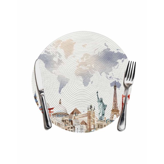 Gray Beige Map Round Placemats for Dinning Tables,Heat-proof Braided Table Mats 13 Inch,Funny Abstract Cloud Illustration Art Washable Place Mat for Kitchen Restaurant Party Decor Table Setting