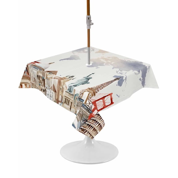 Gray Beige Map Square Outdoor Tablecloth, Waterproof Table Cloth Cover with Umbrella Hole and Zipper, Funny Abstract Cloud Illustration Art Table Protector for Patio Party Picnic 54"x54"