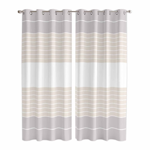 Gray Beige Stripe Kitchen Curtains 84 Inch Length, Modern Art Horizontal Striped Grommet Top Bedroom Living Room Curtains, Light Filtering Cafe Curtain Drapes 2 Panels Set 84''x84''
