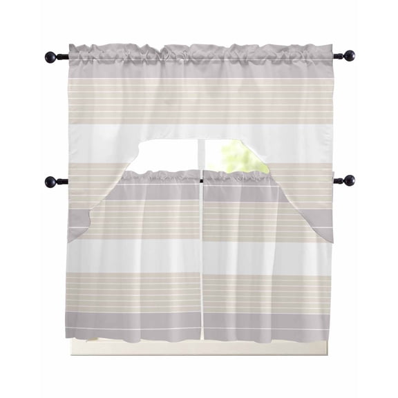Gray Beige Stripe Kitchen Curtains Sets 36 Inch Length with Valance, Modern Art Horizontal Striped Swag Valances and Tiers Curtain Set Drapes Swag Curtains for Living Room, Bathroom, Bedroom, Cafe