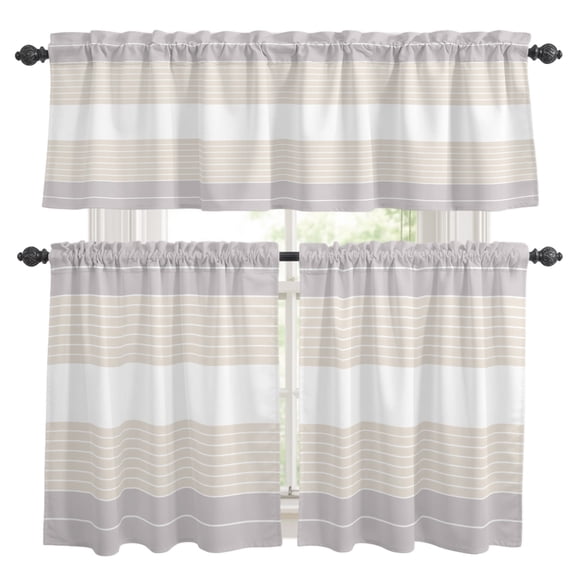 Gray Beige Stripe Kitchen Curtains and Valances Set, Abstract Line Rod Pocket Window Valance Window Curtain Panels for Living Room Bedroom Laundry, 27.5x36in, 3 Pieces