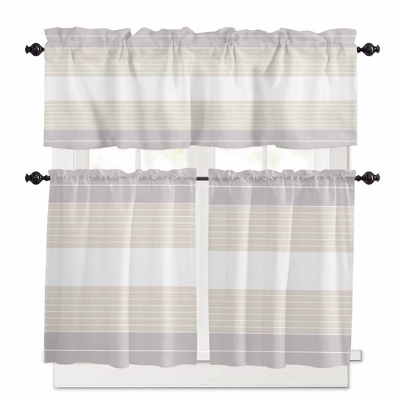 Gray Beige Stripe Kitchen Curtains Valances and Tiers Set of 3, Geometric Simple 24 Inch Length Tier Curtains and Valance Rod Pocket Valance Curtains Set for Kitchen Bathroom Small Windows