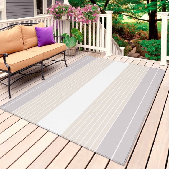 Gray Beige Stripe Outdoor Rug 5x8 Ft, Non Slip Washable Area Rug, Modern Art Horizontal Striped Patio Rugs Carpet Runner, Large Floor Mat for Indoor/Outdoor Deck Porch Camping