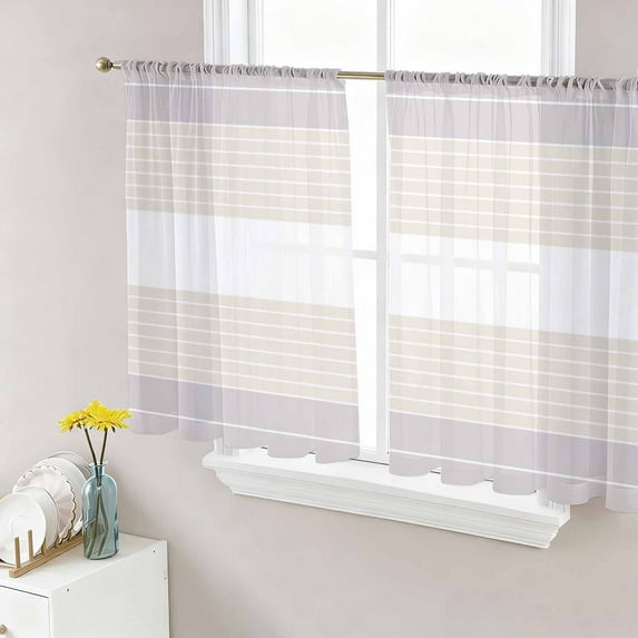 Gray Beige Stripe Semi Sheer Curtains 54 Inch Length 2 Panels Set, Modern Art Horizontal Striped Sheer Kitchen Curtain Privacy Voile Window Curtain for Living Room Bedroom Rod Pocket Drapes