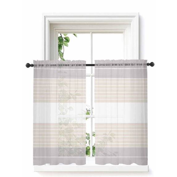 Gray Beige Stripe Tier Curtains 45 Inch Length,Sheer Curtains for Bedroom Living Room Window Modern Art Horizontal Striped Rod Pocket Drapes Kitchen Curtains Small Half Window 27.5"x45" 2 Panels