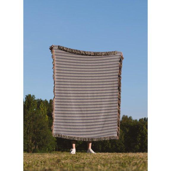 Gray, Beige and Muted Blue Thin Horizontal Stripe Woven Throw Blanket, 100% Cotton, Classic Home Accent