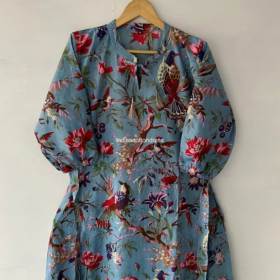 Gray Bird Printed Cotton Dress Floral Dress,Cotton Block Print Dress, Long Dressing Gown,Indian Cotton Dress