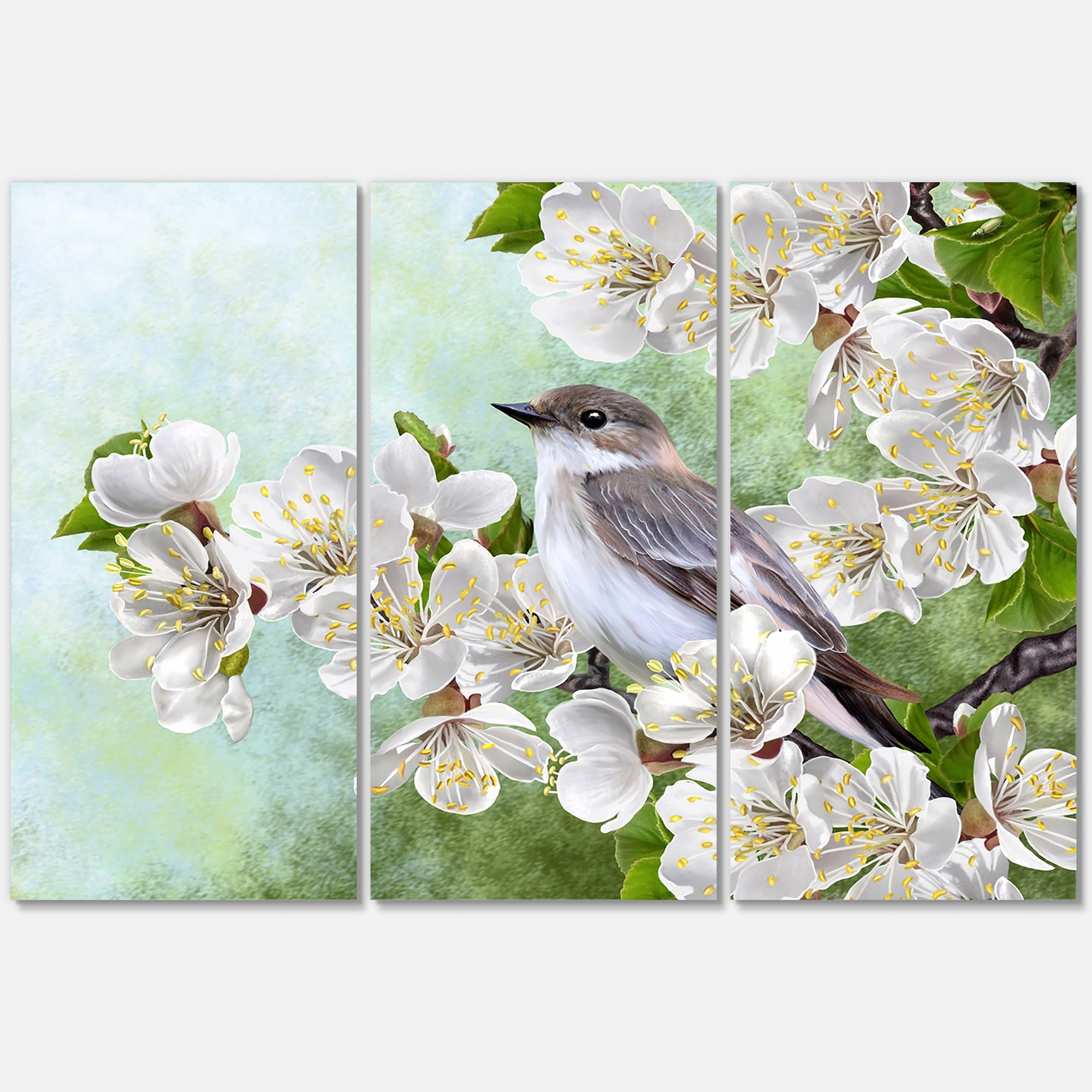 Gray Bird Sitting On A Branch of A Blossoming Tree 28 in x 36 in Painting Canvas Art Print, by Designart